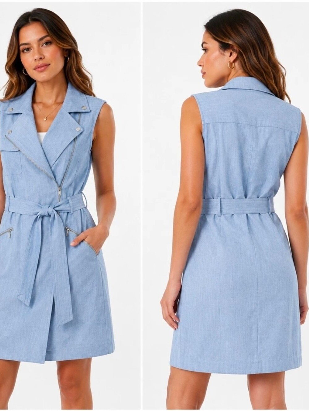 Calvin Klein Sky-Blue Sleeveless Belted Zip-Front Dress